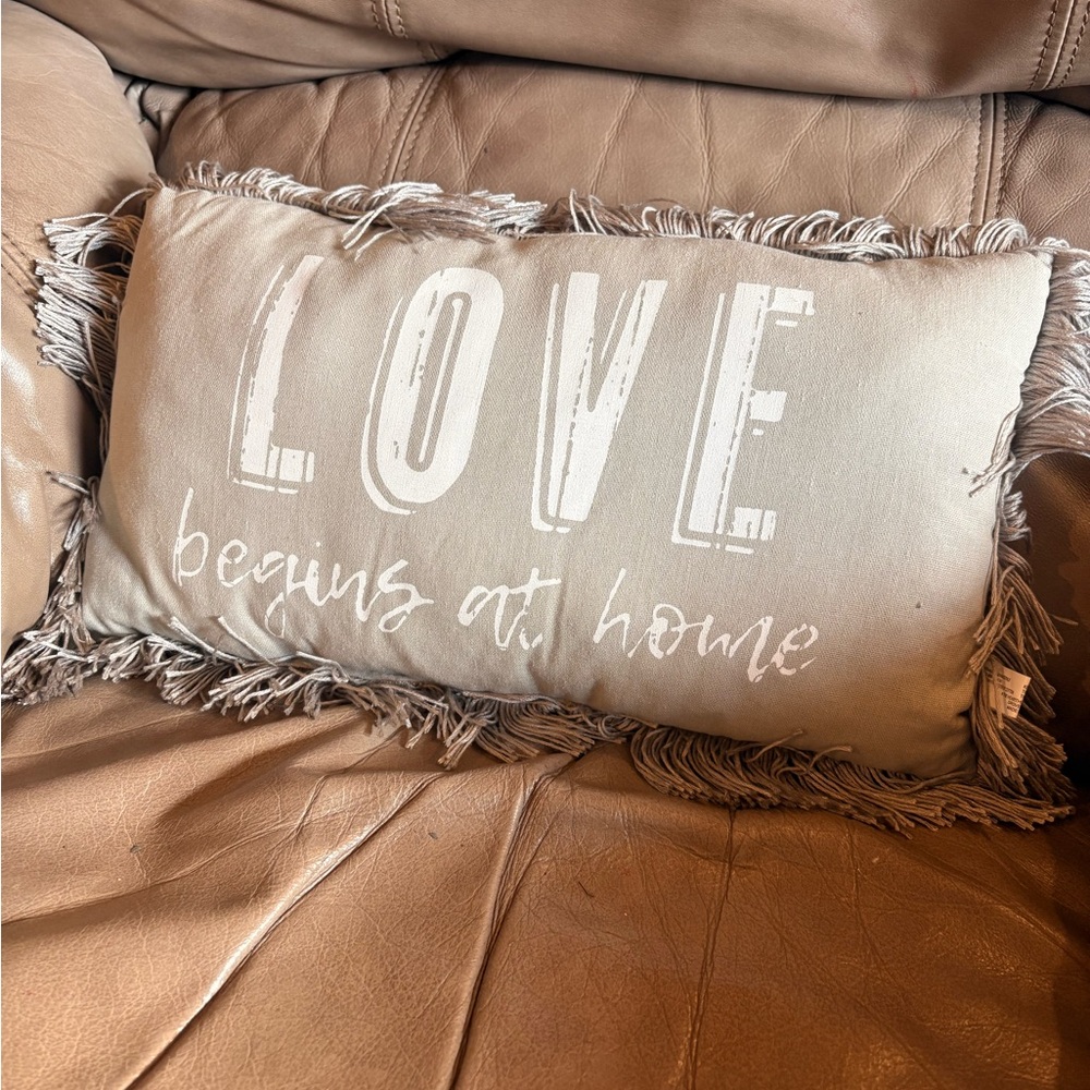 Fringed Tan Decorative Pillow - Love Begins at Home